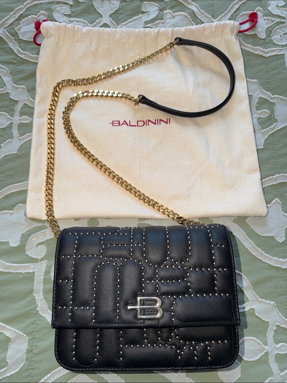 Baldinini Black Quilted Leather Crossbody with Gold Chain and Studs.